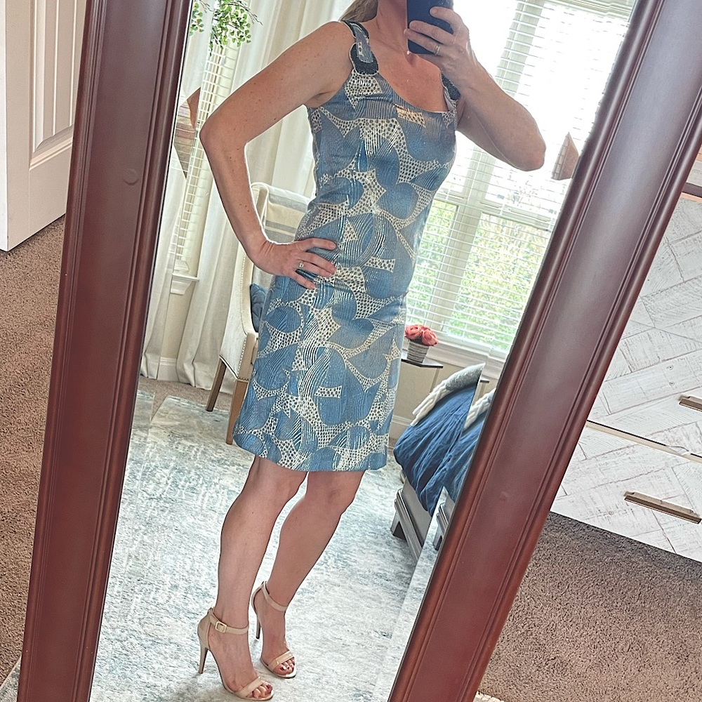 Tory Burch Bay Dress Metallic Silver and Blue Leaf, vintage, silk blend - size 4